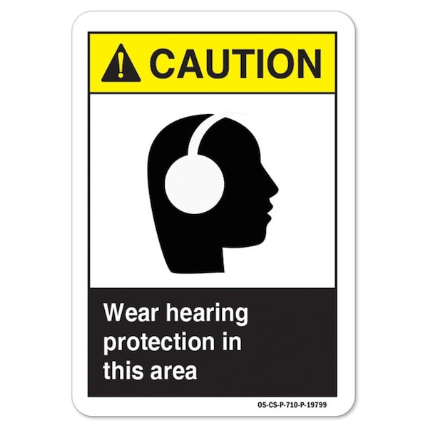 ANSI Caution Sign, Wear Hearing Protection In This Area, 18in X 12in Decal, 12" H, 18" W, Landscape